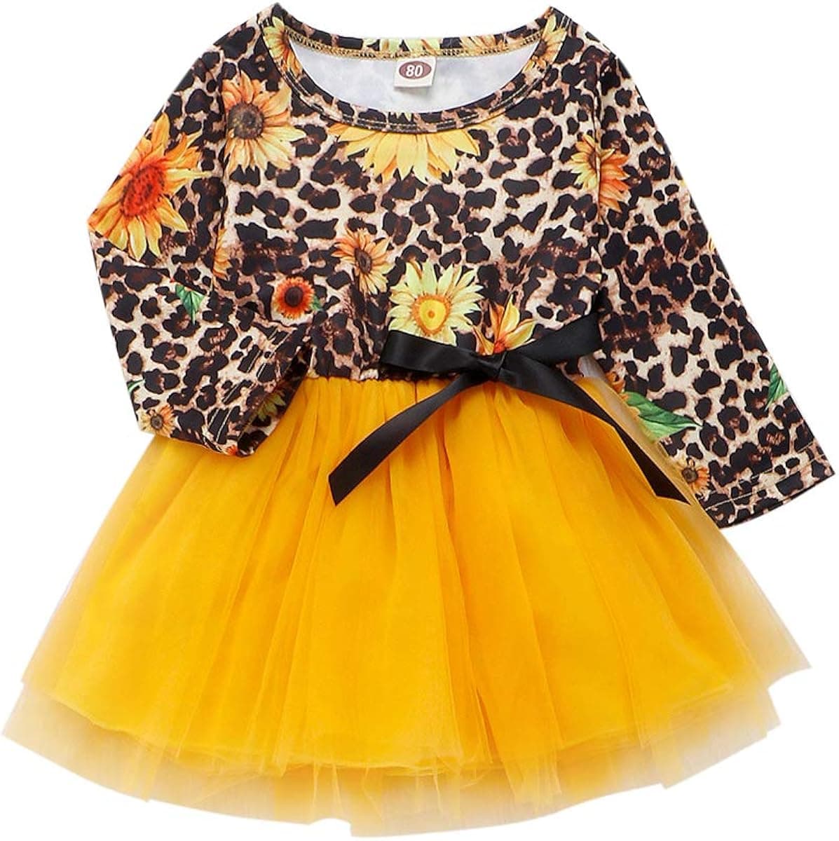 Kid Toddler Baby Girl One-Piece Dress Sunflower Floral Long Sleeve Dress Yellow Tulle Tutu Skirt Fall Leopard Outifits