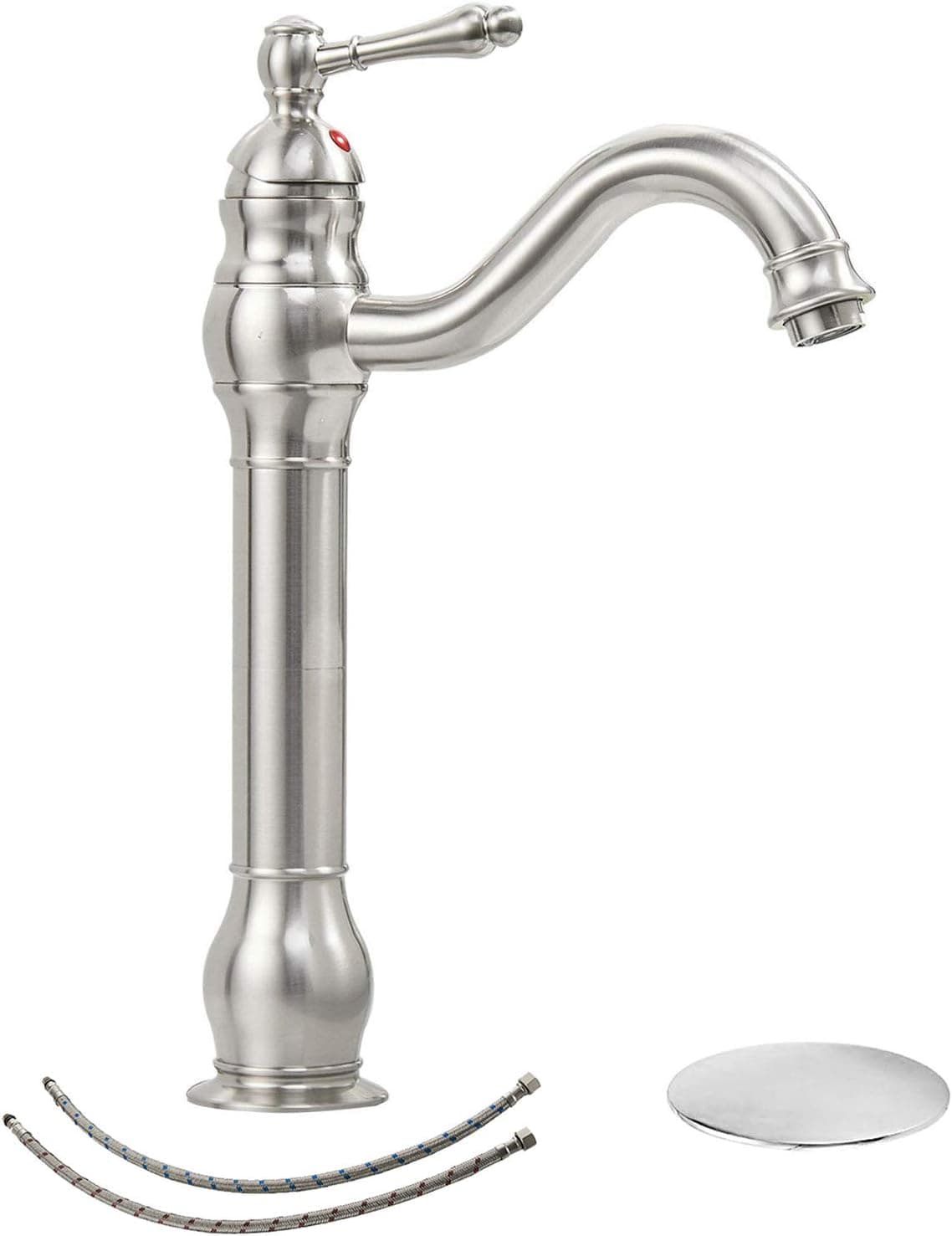 Bathfinesse Bathroom Faucet Brushed Nickel Vessel Sink Faucet 360° Swivel Long Spout Gooseneck Single Handle 1 Hole Vessel Faucets with Pop Up Drain Stopper None Overflow Supply Lines Lead-Free