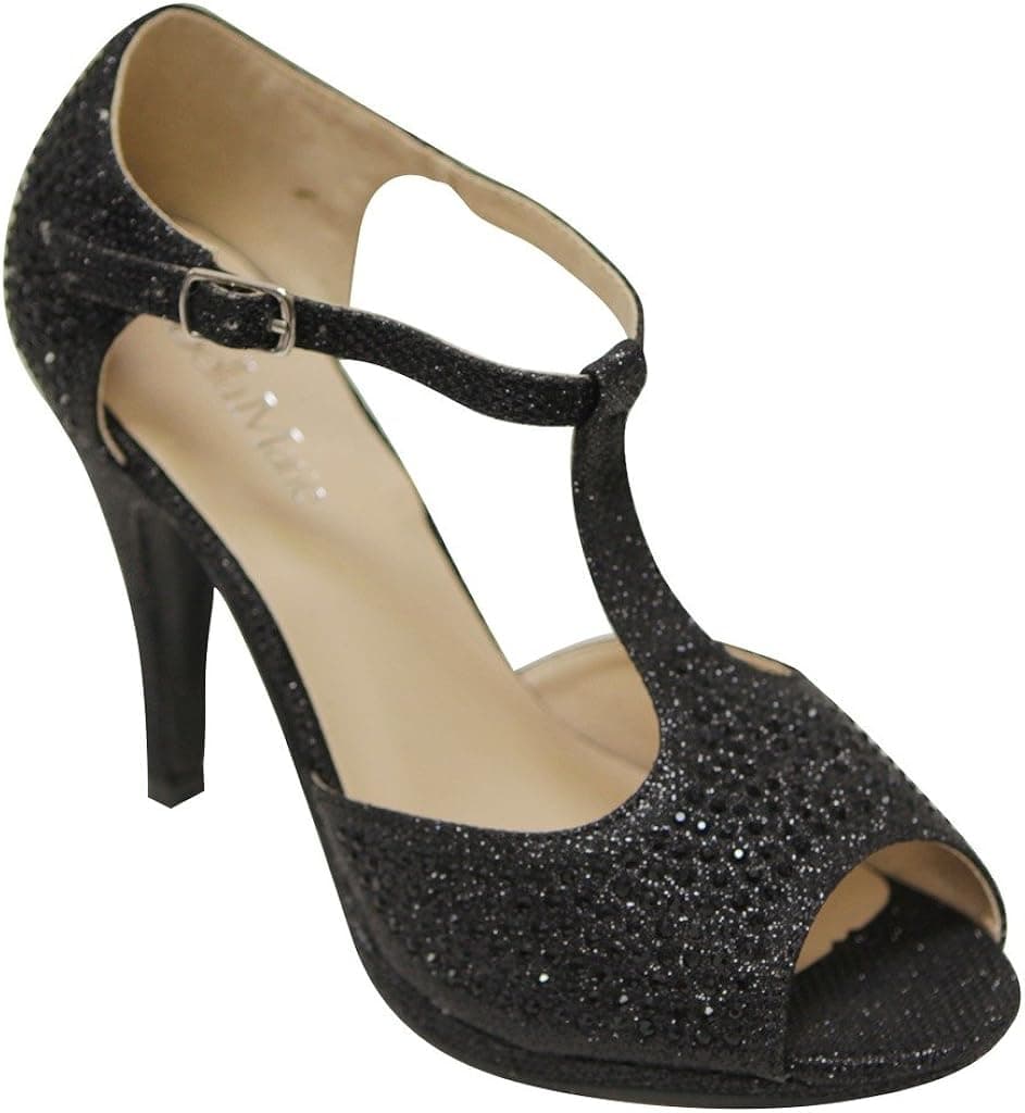Bella Marie Shania-11 Women's peep Toe Rhinestone Glitter T- Strap Dance Sandals Black 9
