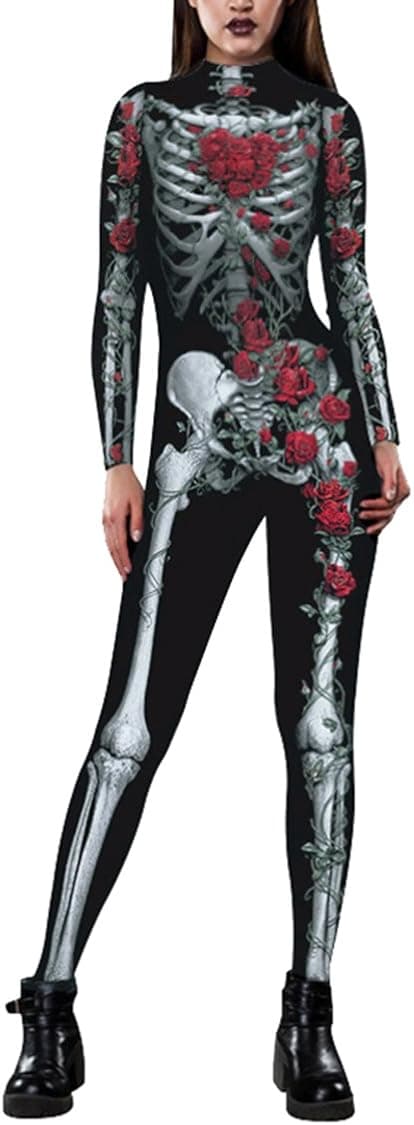 Pink Queen Womens Halloween Cosplay Skull Skeleton Print Costume One-Piece Catsuit Bodysuit