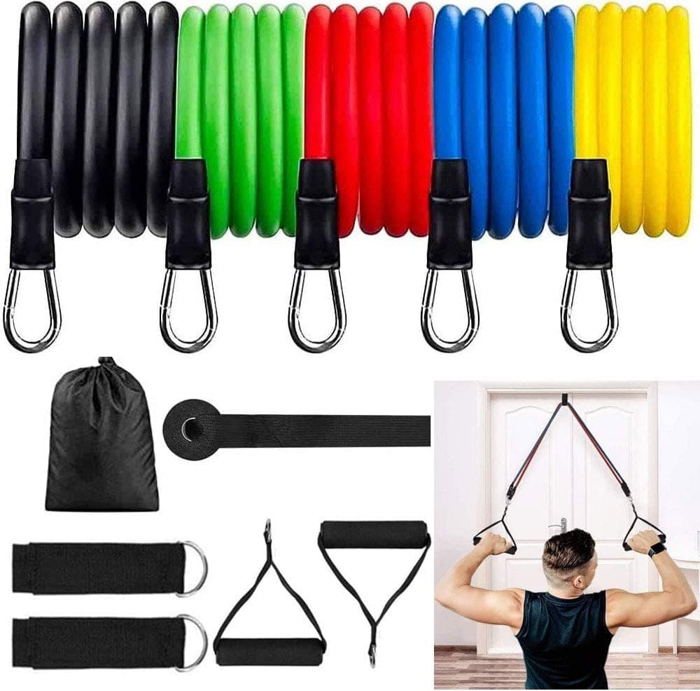 VOMA 11 Pack Resistance Bands Set,Including 5 Stackable Exercise Bands Straps with Door Anchor,2 Foam Handle,2 Metal Foot Ring & Carrying Case - Home Workouts,Gym Training,Yoga,Physical Therapy