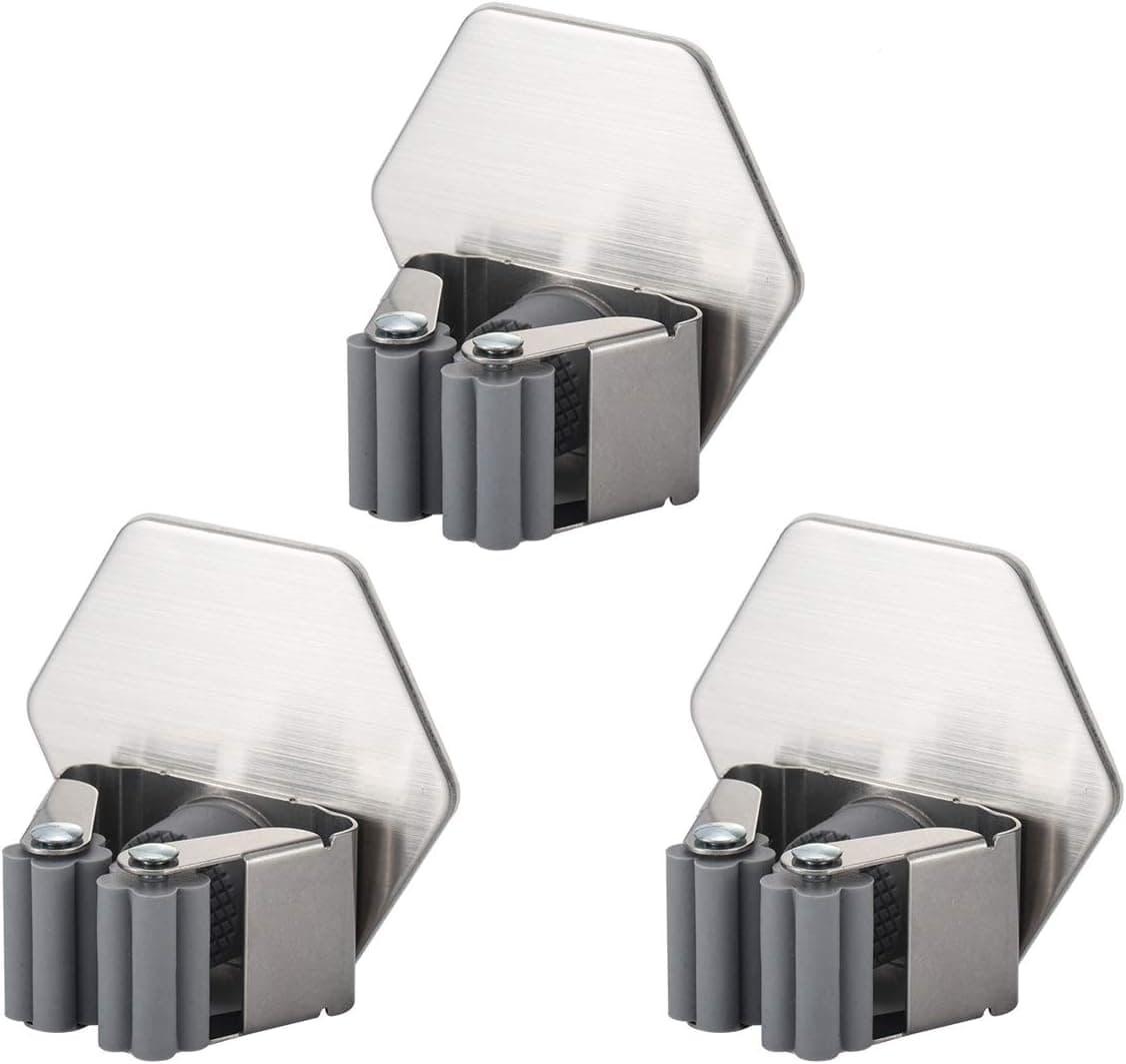Mop and Broom Organizer Garage Tool Storage Rack Stainless Steel Broom Gripper Mop Holder with 3M Self Adhesive, 3 Pack