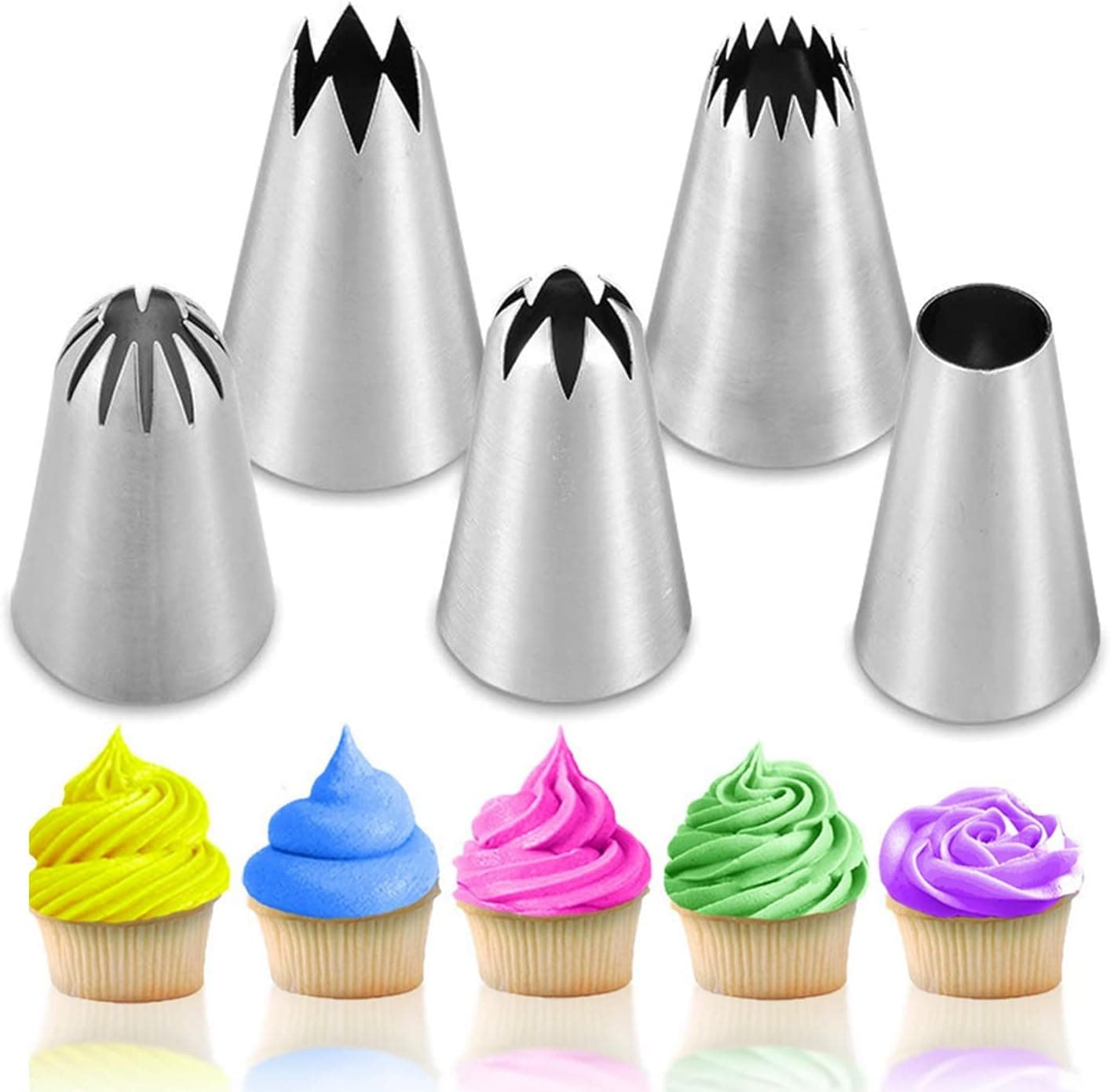 Suuker 5 pcs/set Large Piping Set,Stainless Steel Decoration Set Nozzles Tip,Pastry Cake Decorating Baking Tools For Cupcakes Cakes Cookies Decorating(Silver)