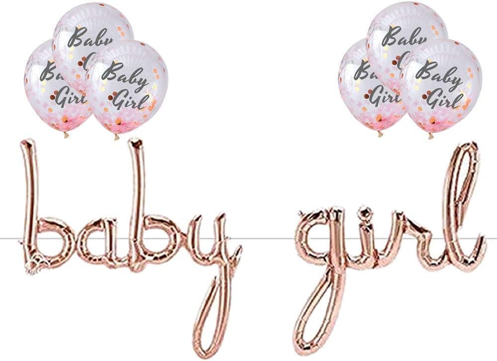 Rose Gold Baby Girl Script Foil Balloons Set with 6pcs Baby Girl Confetti Balloon for Baby Shower Decorations, Girl Gender Reveal Party Decor