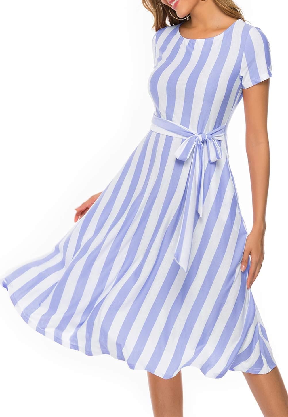 Aamikast Women's Summer Casual Stripe Short Sleeve Elastic Waist Belt Loose Midi Dress