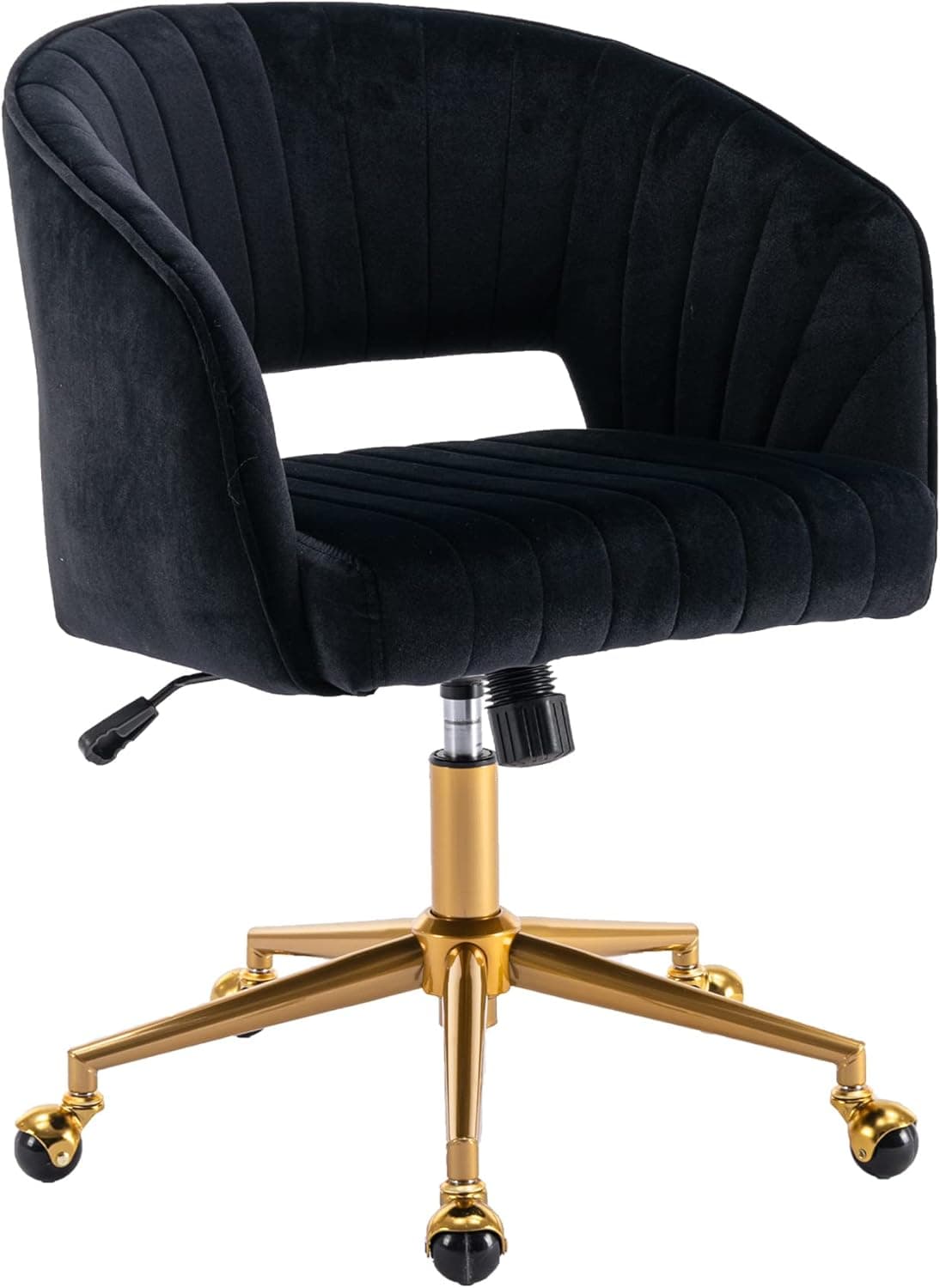 Home Office Chair Swivel Velvet Desk Chair Accent Armchair Upholstered Modern Tufted Chairs with Gold Base for Girls Women Ergonomic Study Seat Computer Task Stools for Living Room(Black)