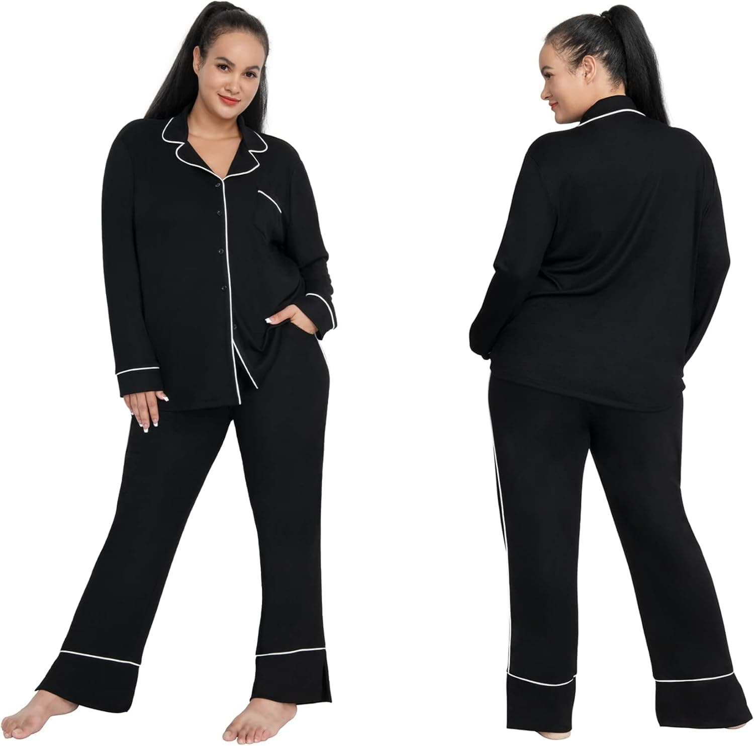 Rinlist Plus Size Pajamas for Women Soft Modal Loungewear Sets Long Sleeves Button Down 2 Piece PJS Womens Sleepwear Sets