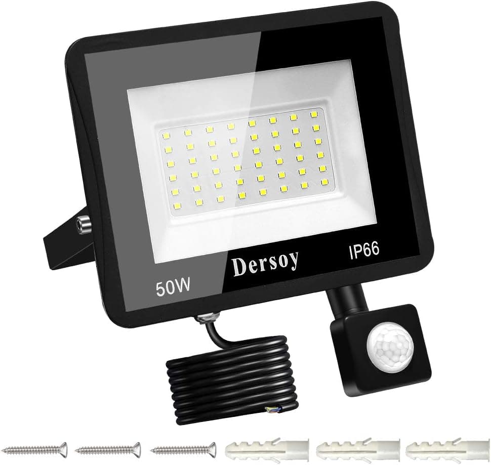 Dersoy 50W PIR Induction Flood Light Outdoor, Motion Sensor Flood Light Outdoor, 3600LM IP66 Waterproof Flood Light, Outdoor Motion Sensor Light, LED Security Light with 1.5M Cable for Driveway/Path