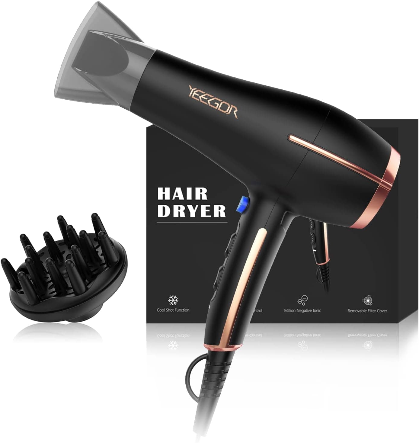 Ionic Blow Dryer with Diffuser, Professional Hair Dryer Low Noise with Concentrator, 2 Speed & 3 Heat Settings 1875 Watt, Black