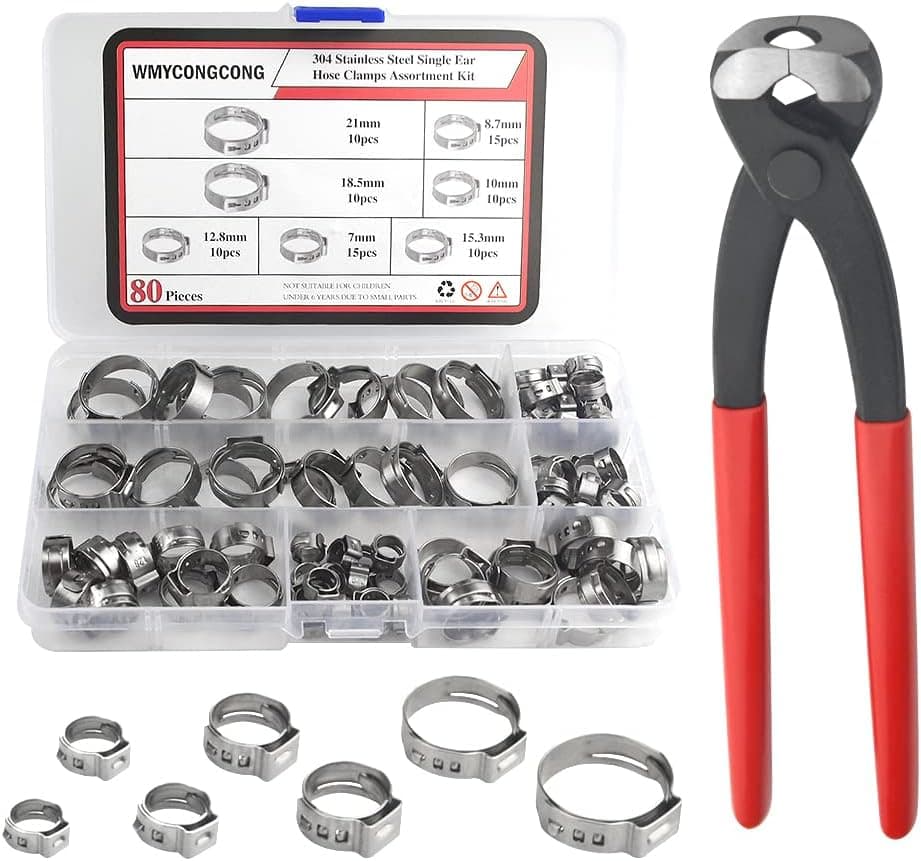 WMYCONGCONG 80 Pcs Stainless Steel Single Ear Hose Clamps Cinch Clamp Rings with Ear Clamp Pincer Kit 7-21mm