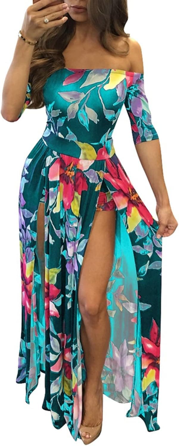 LKOUS Sexy Sleeveless V-Neck Split Long Beach Dress Floral Print Bodycon Maxi Dress