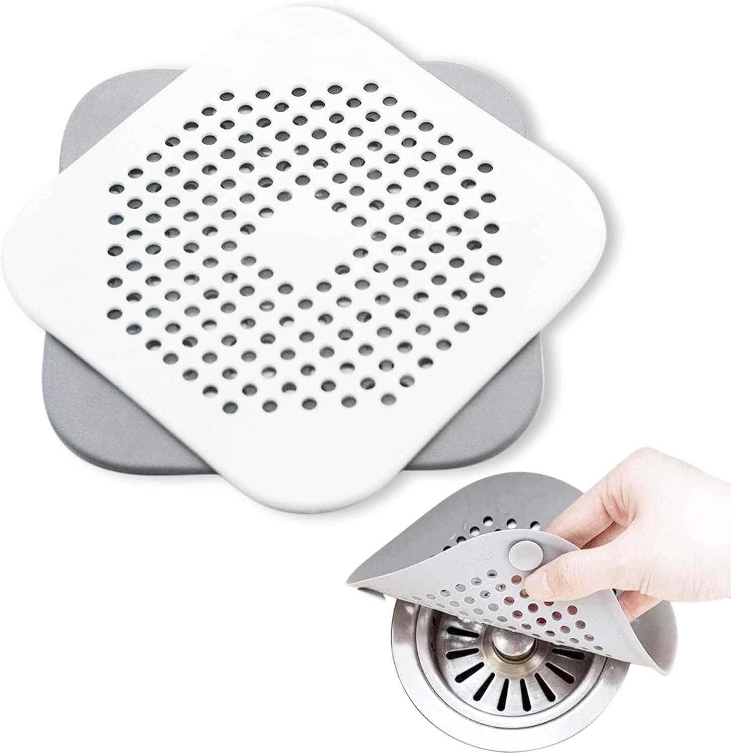 MYCHUJIAN Square Drain Cover 5.7-inch TPR Drain Hair Catcher Flat Silicone Plug with Suction Cups, Easy to Install , Sink Filter for Bathroom Bathtub Kitchen 2 Pack(Gray+White) (HUIBAI)