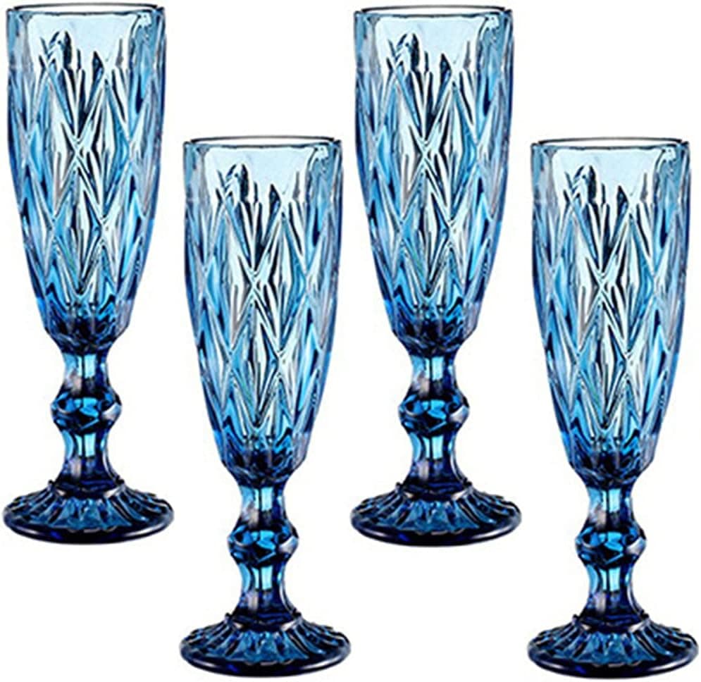 Taganov Champagne Flutes Set of 4 for Wedding Party Anniversary Christmas Birthday 5oz Vintage Pattern Embossed Champagne Glass 150ml Premium Glass (Blue)