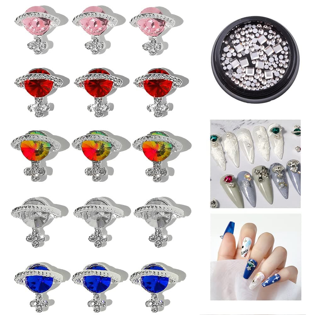 Benuomi Nail Charms 15 Pcs Planet Nail Art Charms 110 Pcs White Nail Rhinestones for Nail Art Decor Saturn Shape Crystal Gems Nail Diamond for Girl Women DIY Nail Design Craft Jewelry Making