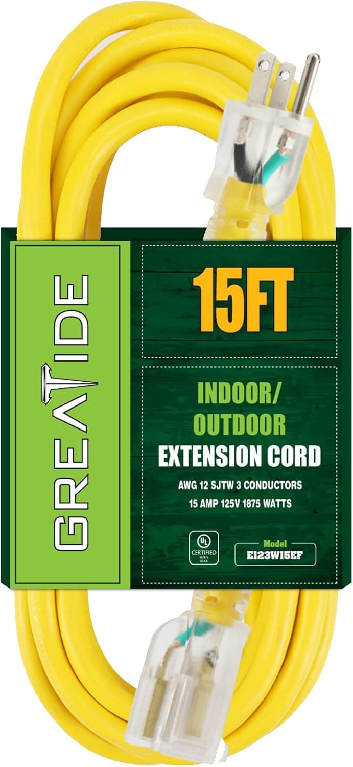 GREATIDE 15 Ft Lighted Outdoor Extension Cord - 12/3 SJTW Heavy Duty Extension Cable with 3 Prong Grounded Plug - 15 Amp Power Cord for Lawn, Garden, Appliances