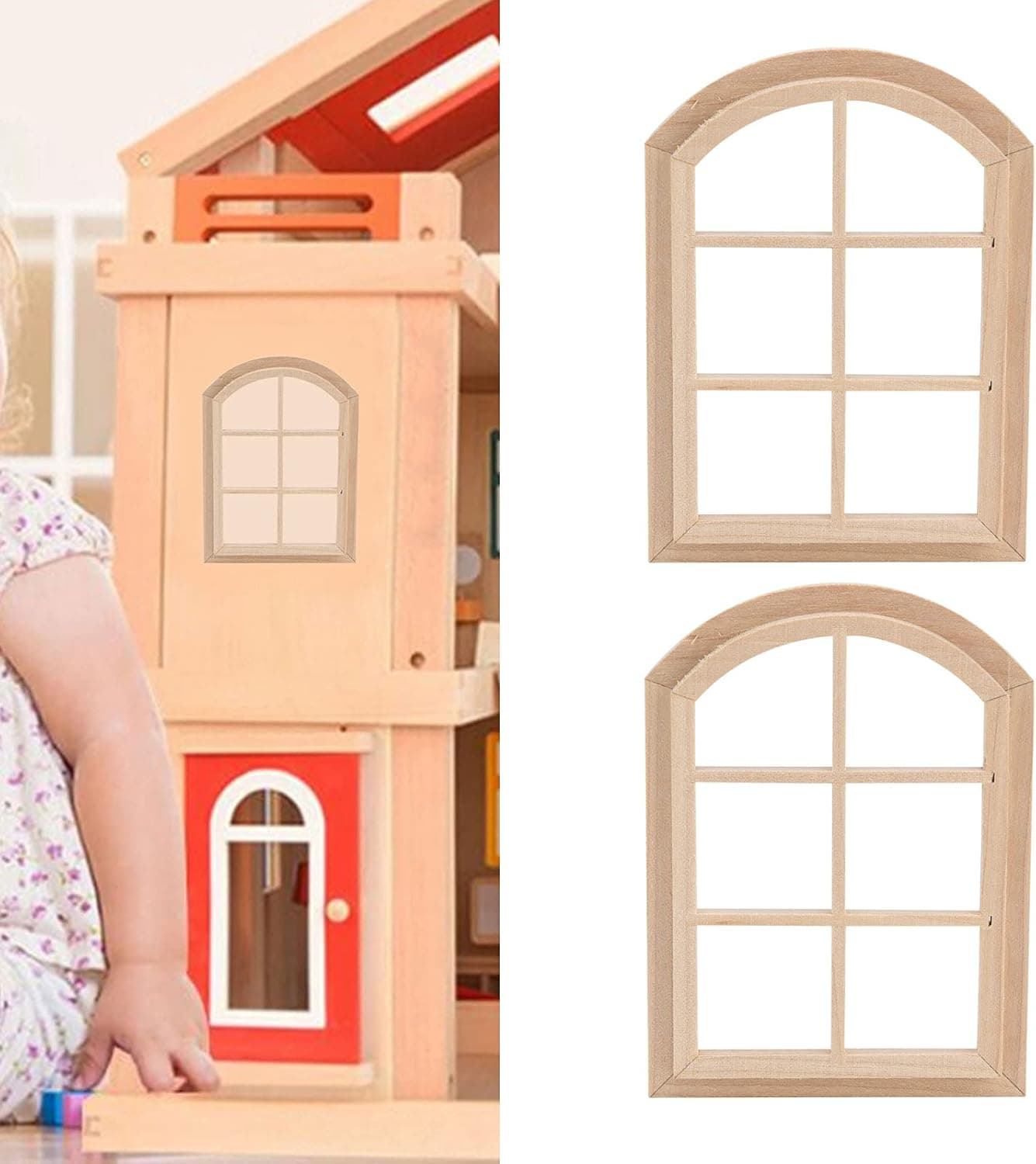 GOTOTOP 2 Pcs 1/12 Scale Dollhouse Wooden Window DIY Miniature Window Dollhouse Decoration Composite Wood Arched Dollhouse Window,10.3 x 7.5 x 0.3cm