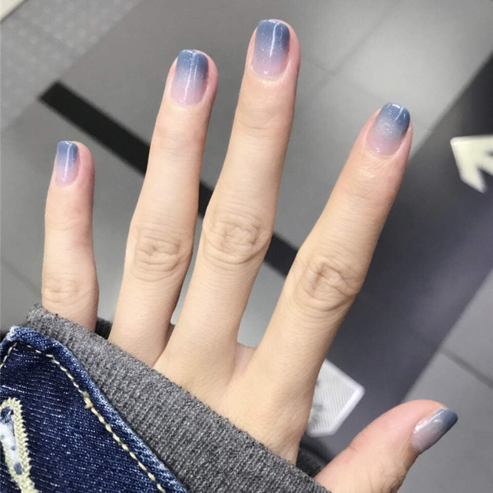 SIUSIO 24Pcs Acrylic False Nails Full Cover Short Square Press on Glossy Gradient Fake Gel Nail Art Tips Sets (Blue)