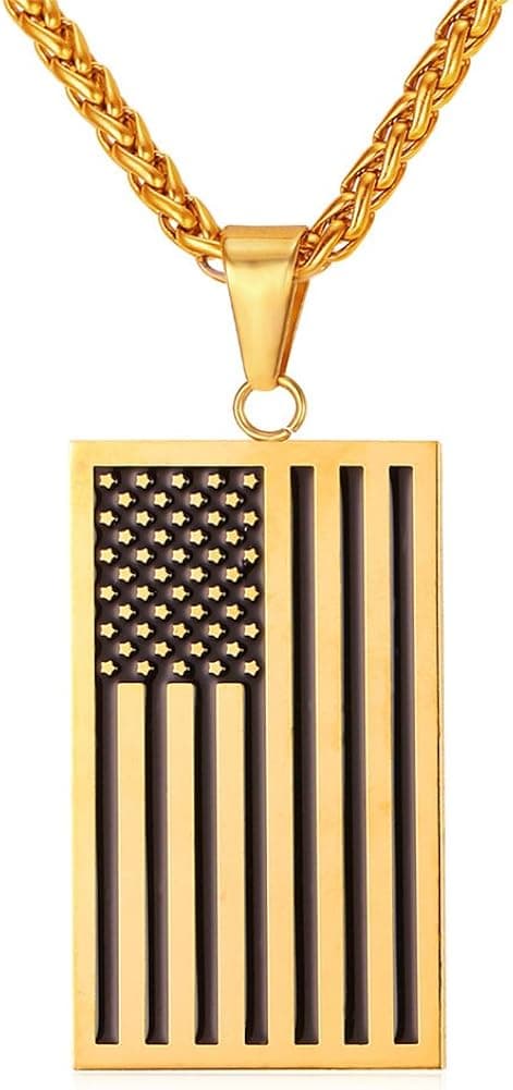 U7 American Flag Necklace, America Eagle Pendant, US Patriotic Jewelry, July 4th Gift, National/Independence Day Necklace, Soliders Army Tag Necklaces with 22 Inch Chain, Color Steel,Black,Gold