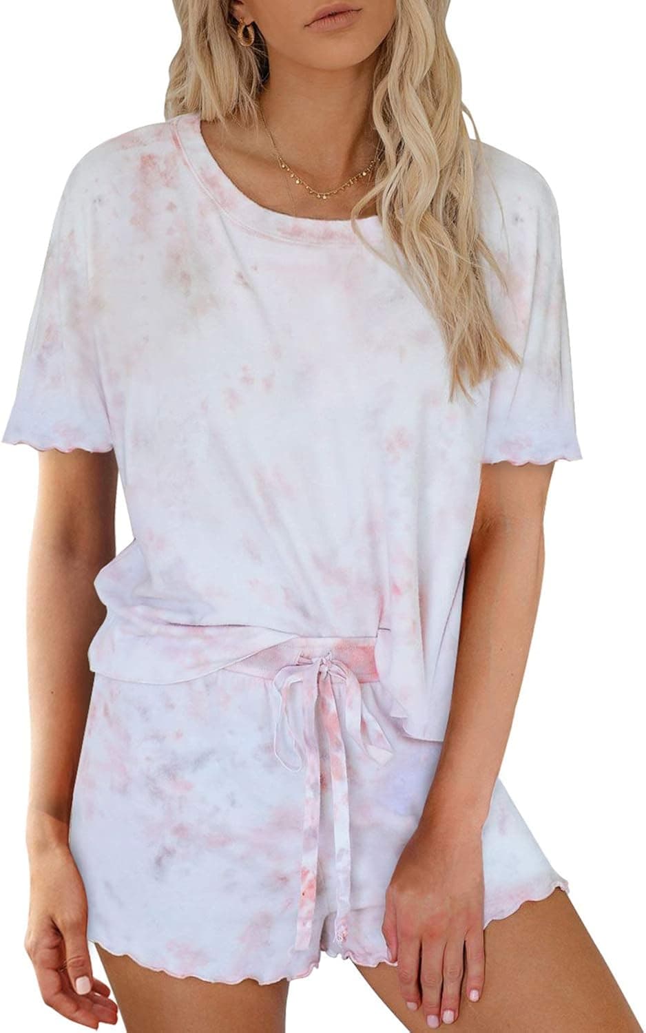 Asvivid Womens Soft Tie Dye Printed Frill Tee Shirt Tops and Pants 2 Piece Shorts Pajamas Sleep Night Wear Lounge Set M Pink