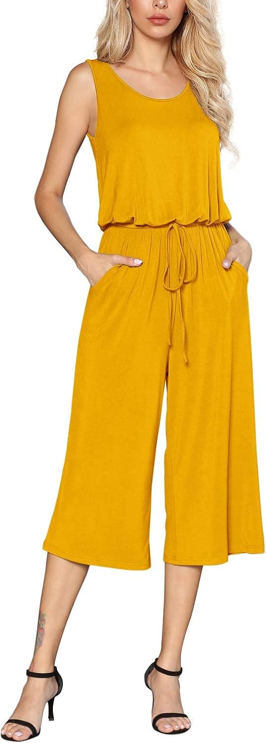 EUOVMY Women's Casual Sleeveless Loose Elastic Waist Stretchy Wide Leg Long Romper Jumpsuit With Pockets