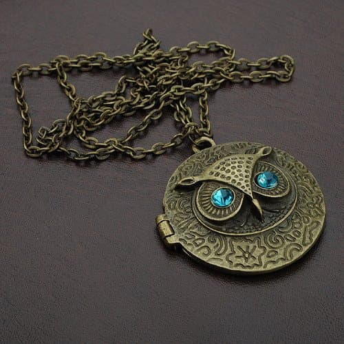 Antique Bronze Blue Eye Alloy Owl Locket Round Pendant Long Necklace