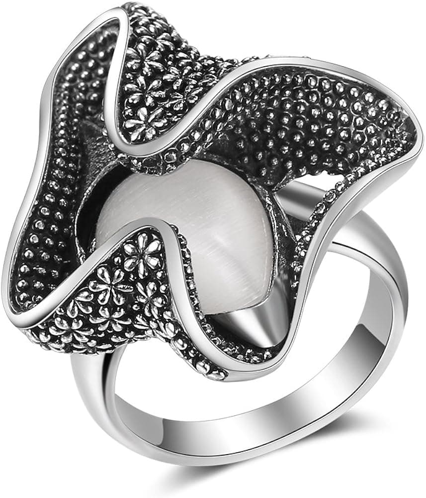 Mytys Retro Cocktail Statement Rings for Women Girls Antique Silver Cat's eye Stone Ring