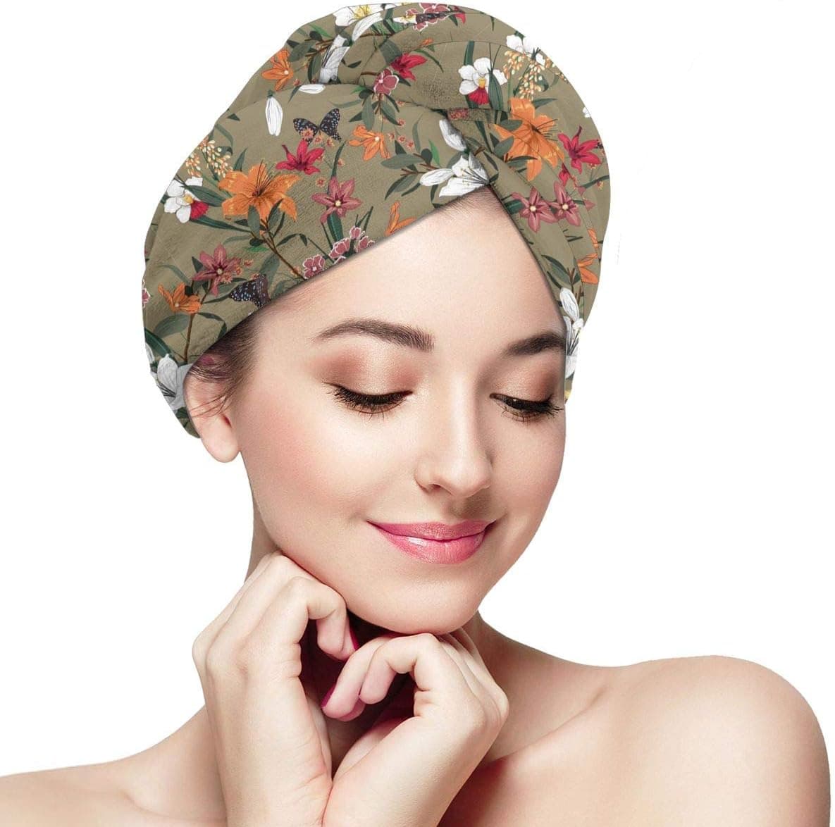 Flowers Microfiber Hair Towel Wrap For Women Vintage Pattern With Buttons Floral Super Absorbent Quick Dry Quick Magic Dryer Hair Turban Cap For Women 28×11in