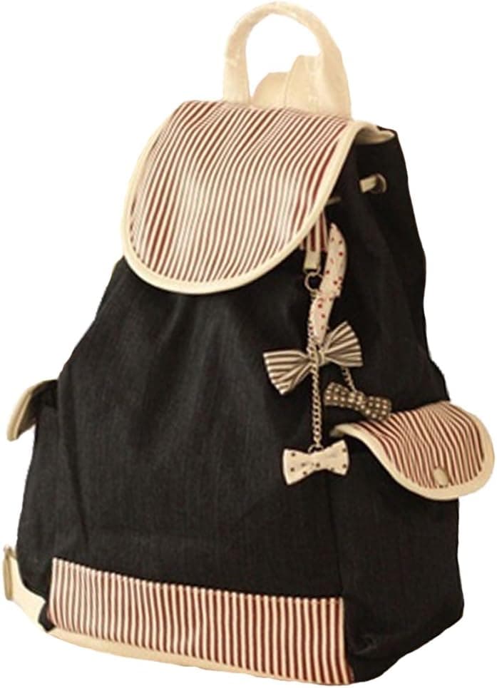 C&L Girl's Lovely Sweet Lace Bowknot Leisure Canvas Spot Backpack Schoolbag for Student