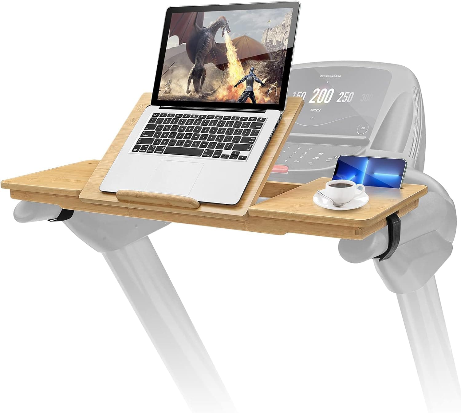 Bamboo Treadmill Desk Attachment for Walking and Working, Workstation Attachment Adjustable for Home Office, Standing Desk for Treadmill, Treadmill Desk w'Non-Slip Stickers & Loops.