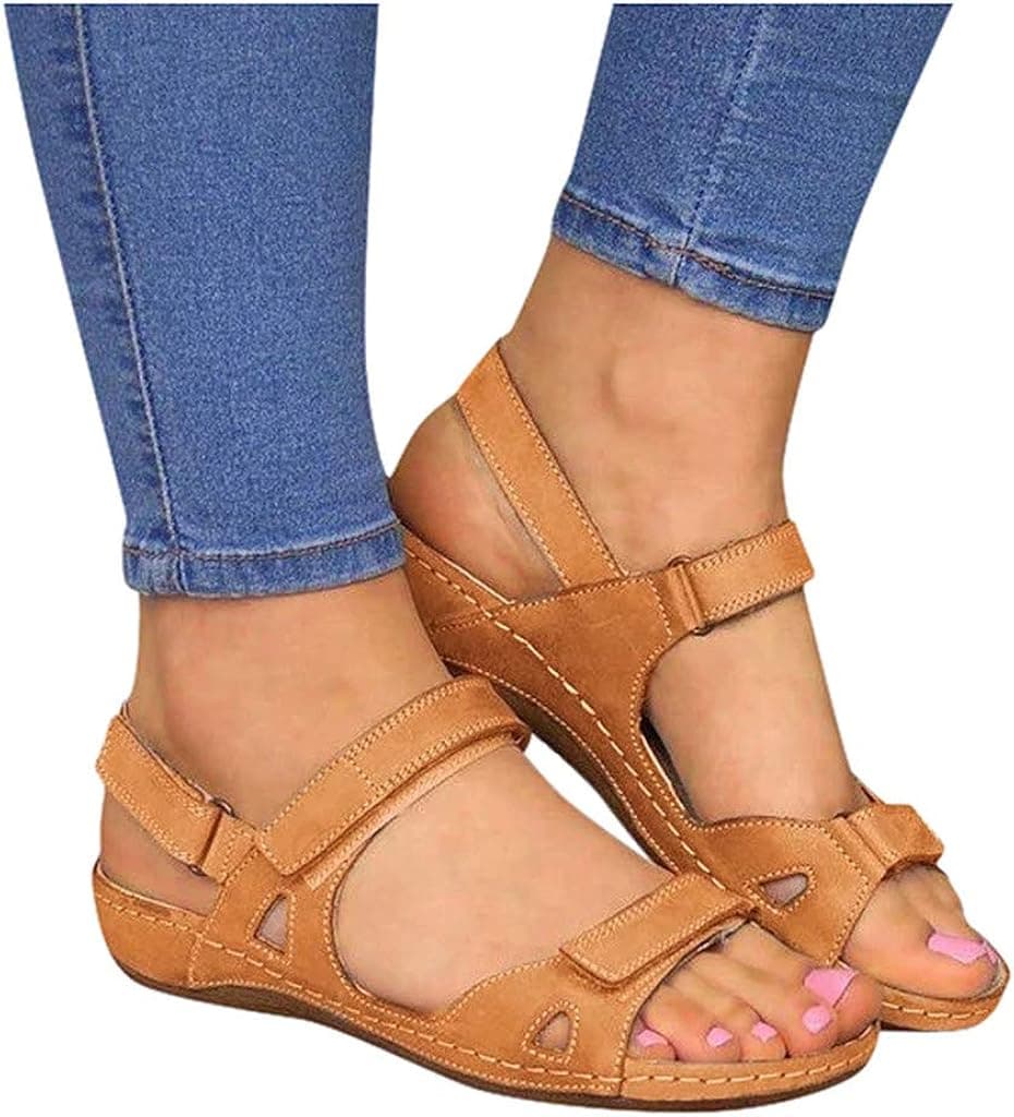 Nulairt 2021 Sandals for Women Casual Summer Plain Clip Toe Flat Sandals Ankle Strap Zipper Comfy Sandals Roman Shoes