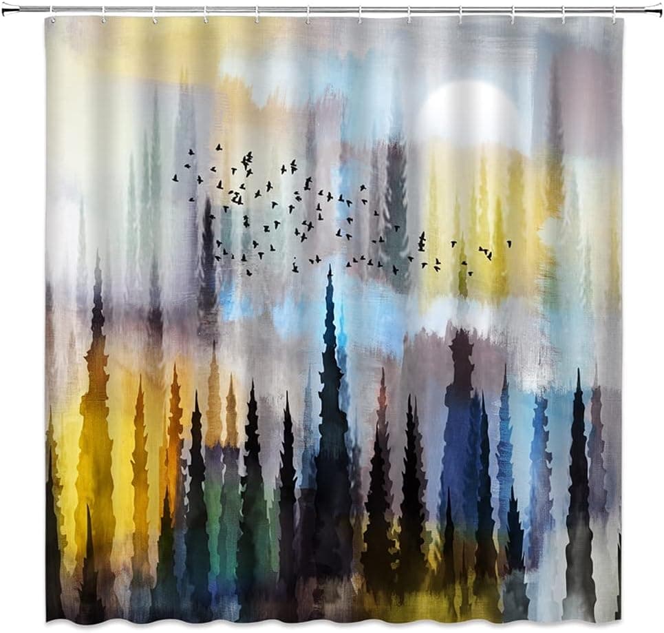 EDOMGNIH Colorful Shower Curtain Abstract Art Misty Pine Tree Silhouette Foggy Forest Watercolor Oil Painting Rural Grunge Style Ombre Brush Fabric Bathroom Decor Set with Hooks(70" WX70 H)