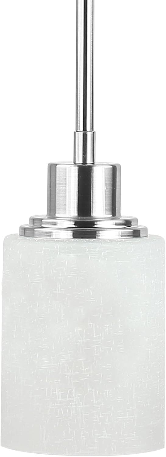Tempo Brushed Nickel Stem Hung One-Light Pendant Lamp with Crosshatched Frosted Glass Shade - Linea di Liara LL-P569-BN