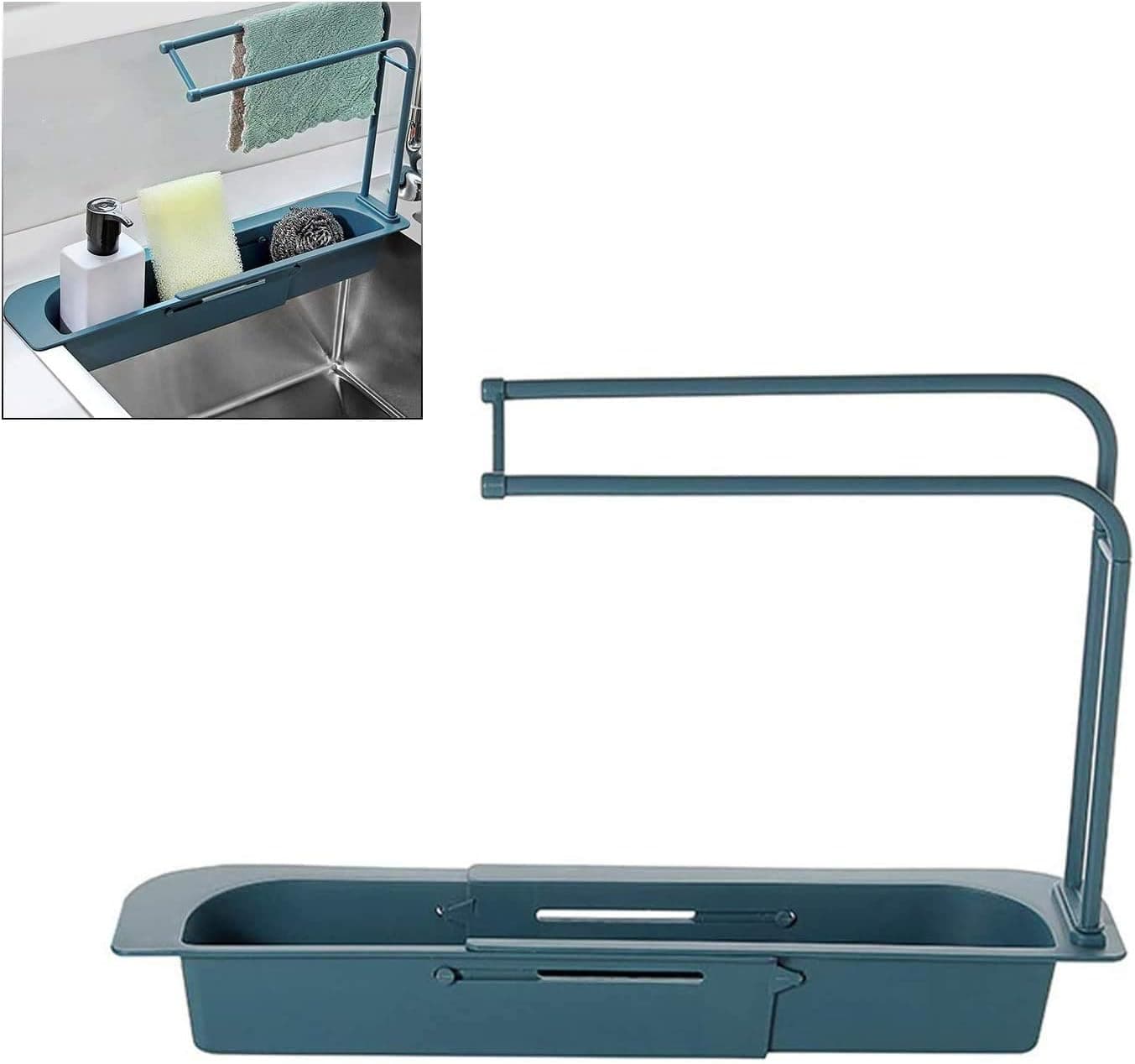 Vilihkc Sink Organizer Telescopic Sink Storage Rack Holder Tray Home Kitchen Expandable Storage Drain Basket for Sponges Soaps Scrubbers(Blue)