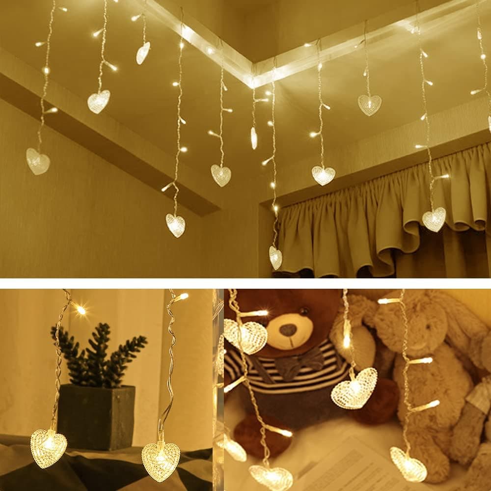 Lainin 4M 96 LEDS 18P Hearts Love Shape LED String Curtain Light For Christmas Wedding Party Decoration Chandelier Luminaries (Warm white)