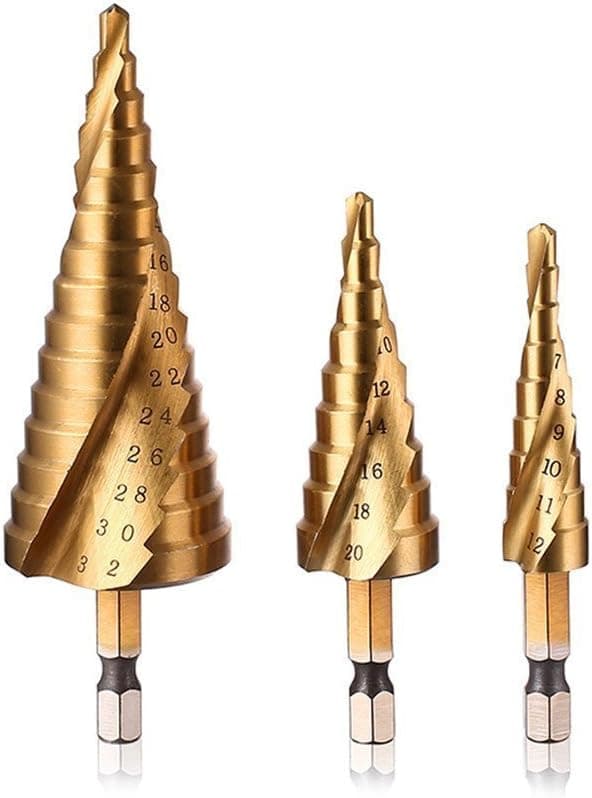 JelBo Spiral Groove Step Drill Bits, 1/4'' Hex Shank HSS Titanium Coated Step Drill Bit Kit with Impact Driver for DIY Woodworking, Metal, Plastic(3Pcs/Set 4-12/4-20/4-32mm)