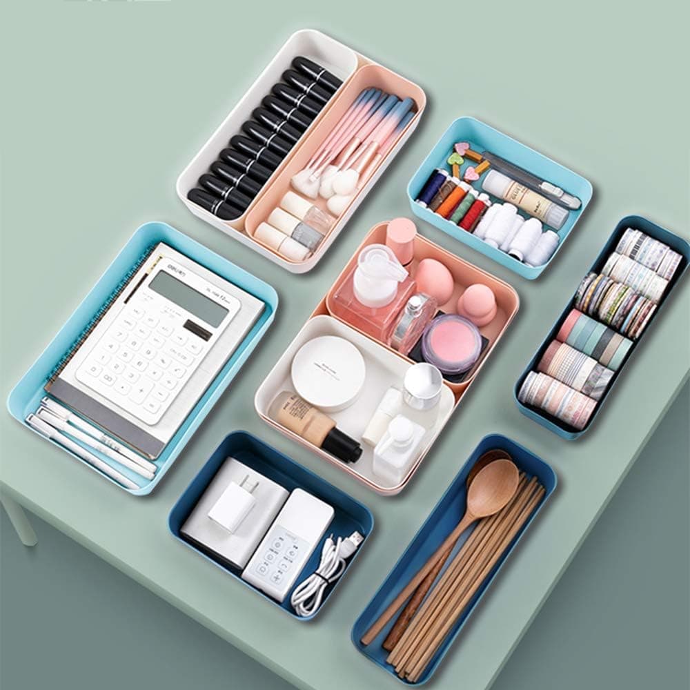 12PCS Stackable Drawer Organizer and Storage, Versatile Large Utensil Tray Drawer Organizers Bins for Clothes/Kitchen/Bathroom/Office/Makeup, Colorful Plastic Desk Vanity Drawer Inserts Accessories