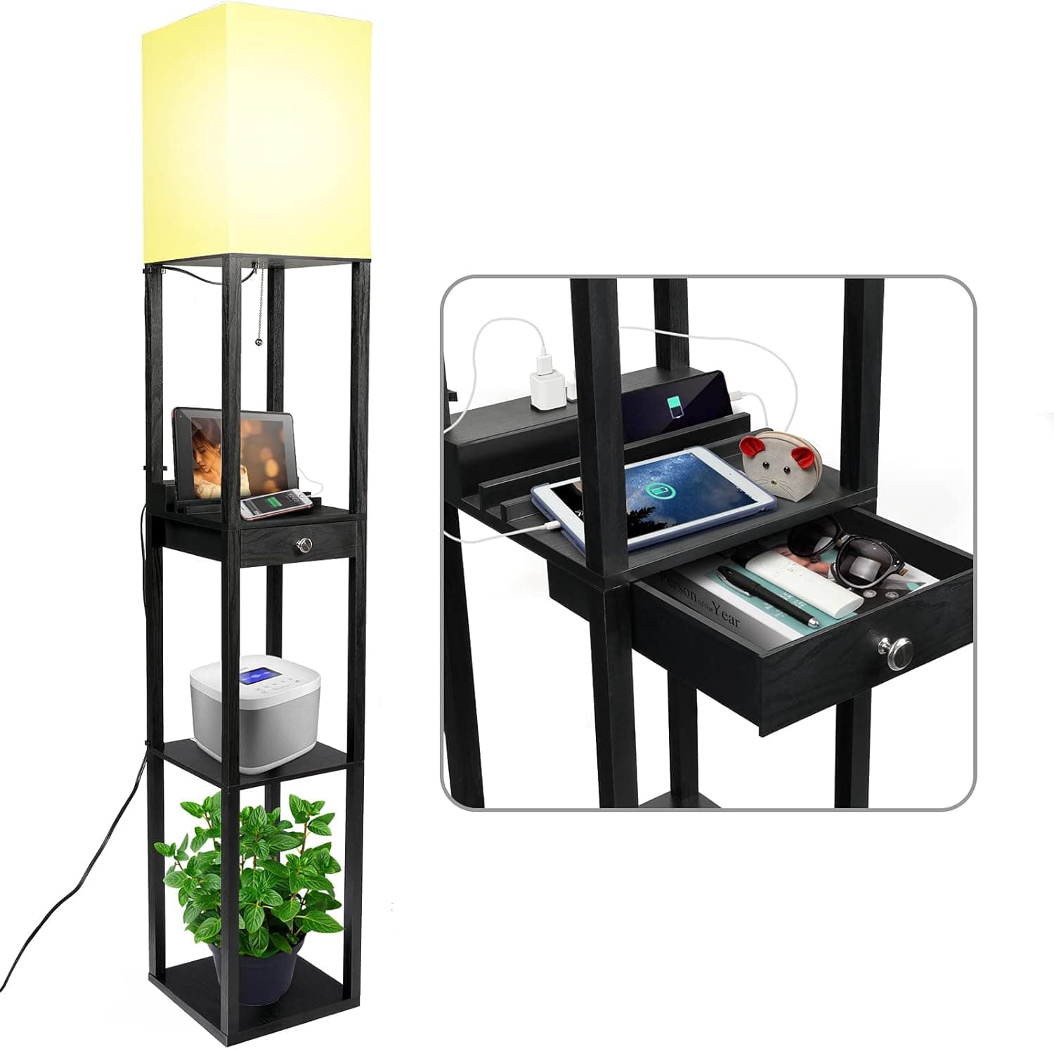 Kapwan Floor Lamp with Shelves Modern Shelf Floor Lamps for Living Room with 1 Drawer & 2 USB Ports & 1 Power Outlet, Solid Wood Bedroom Lamps with LED Bulb, Standing Book Shelves Corner Lamps