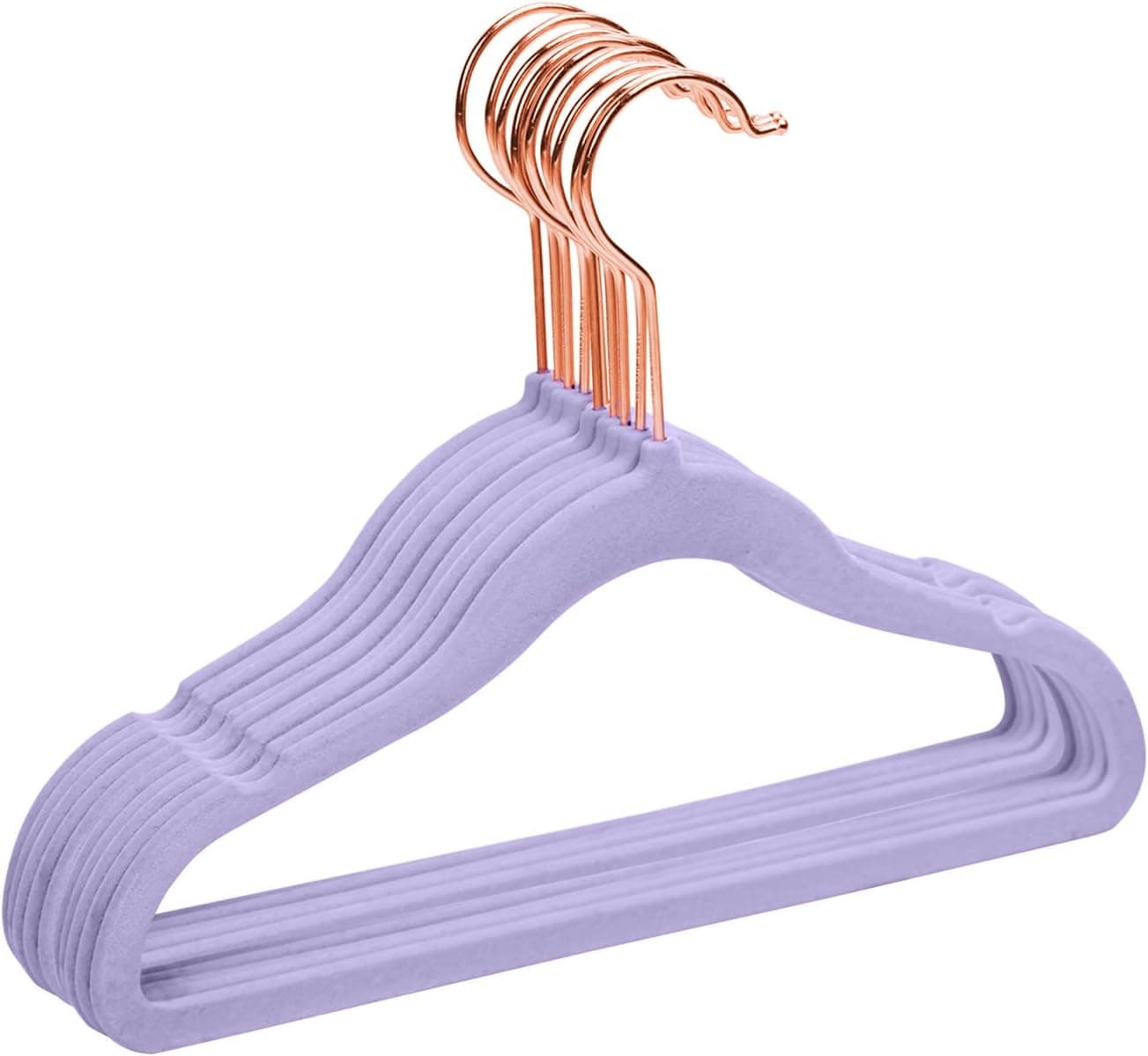 MIZGI Premium Kids Velvet Hangers (Pack of 50) with Copper/Rose Gold Hooks,Space Saving Ultra Thin,Non Slip Baby Hangers for Children's Skirt Dress Pants,Clothes Hangers(Light Purple)
