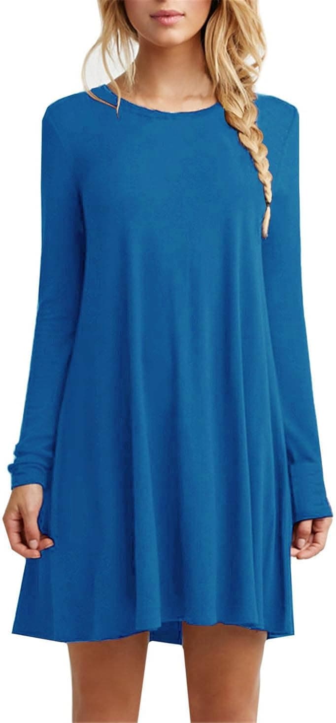 Tinyhi Women's Casual Plain Long Sleeve Loose Swing Cotton Dress, Sky Blue, X-Large