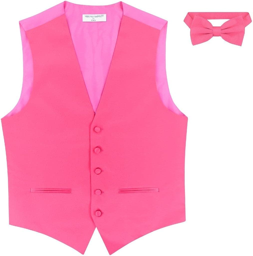 Mens SLIM FIT Dress Vest BowTie HOT PINK FUCHSIA Bow Tie Handkerchief Set