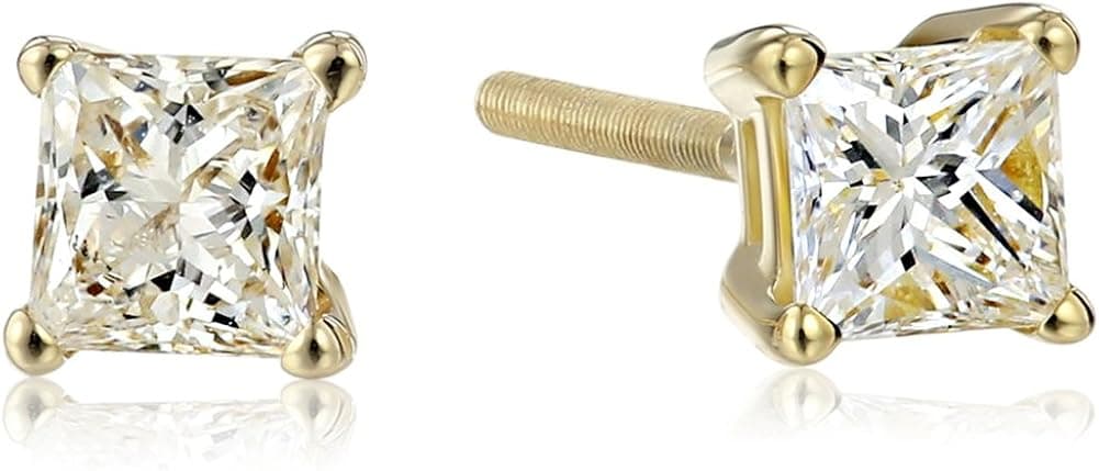 Premium Princess-Cut Diamond Stud Earrings for Women - AGS Certified Real Diamond Earring Pair with Screw Back