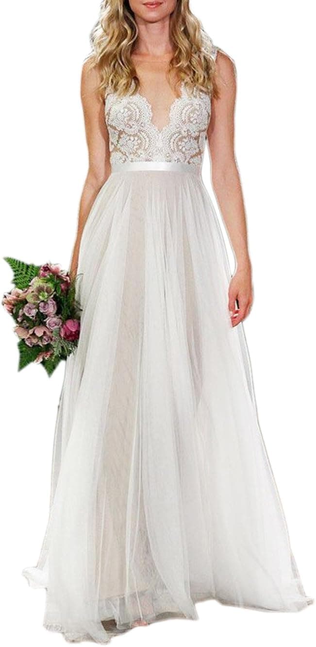 Ikerenwedding Women's V-Neck A-line Lace Tulle Long Beach Wedding Dresses for Bride
