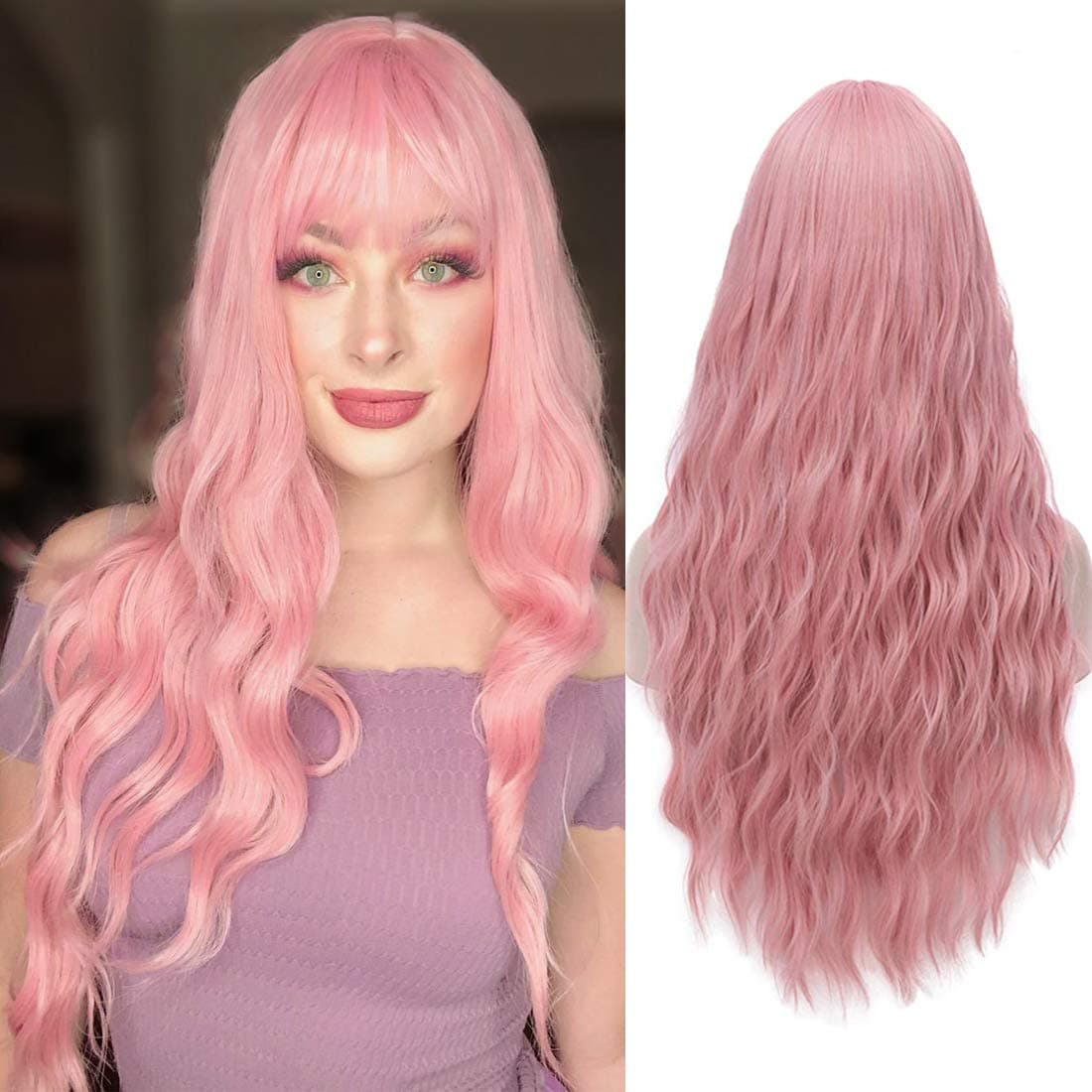 Degocixe Women's Pink Wig Long Fluffy Curly Wavy Hair Wigs for Girl Heat Friendly Synthetic Cosplay Party Wigs DX030PK