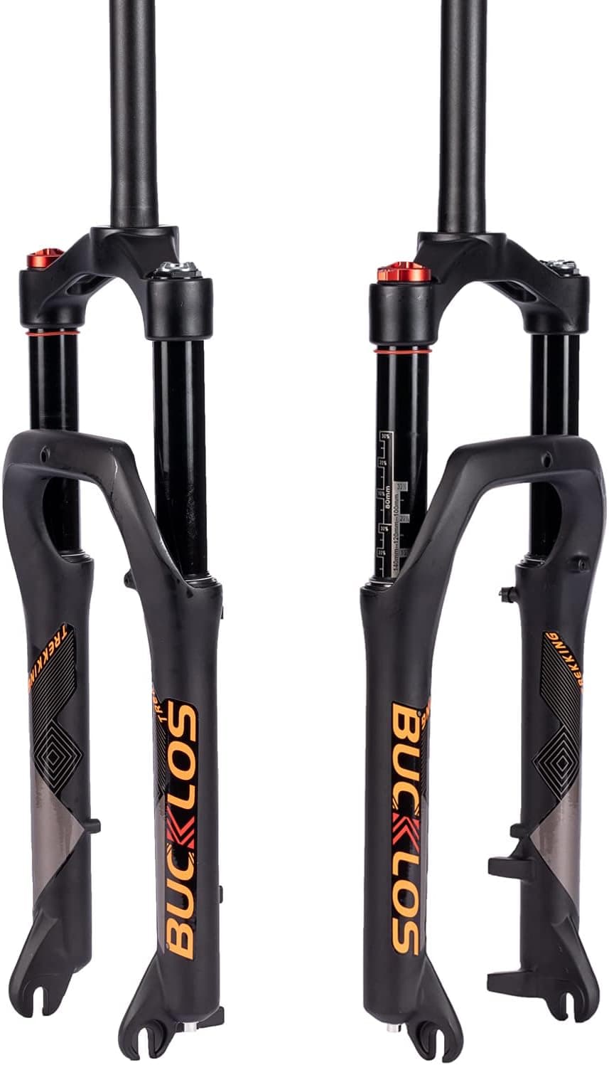 BUCKLOS 20 inch Air MTB Suspension Fork 4.0 Fat Tire, 140mm Travel Spacing Hub 135mm 1 1/8 Straight Tube Manual Lockout 9mm QR Mountain Bike Front Forks, fit Snow Beach XC E-Bikes ect.