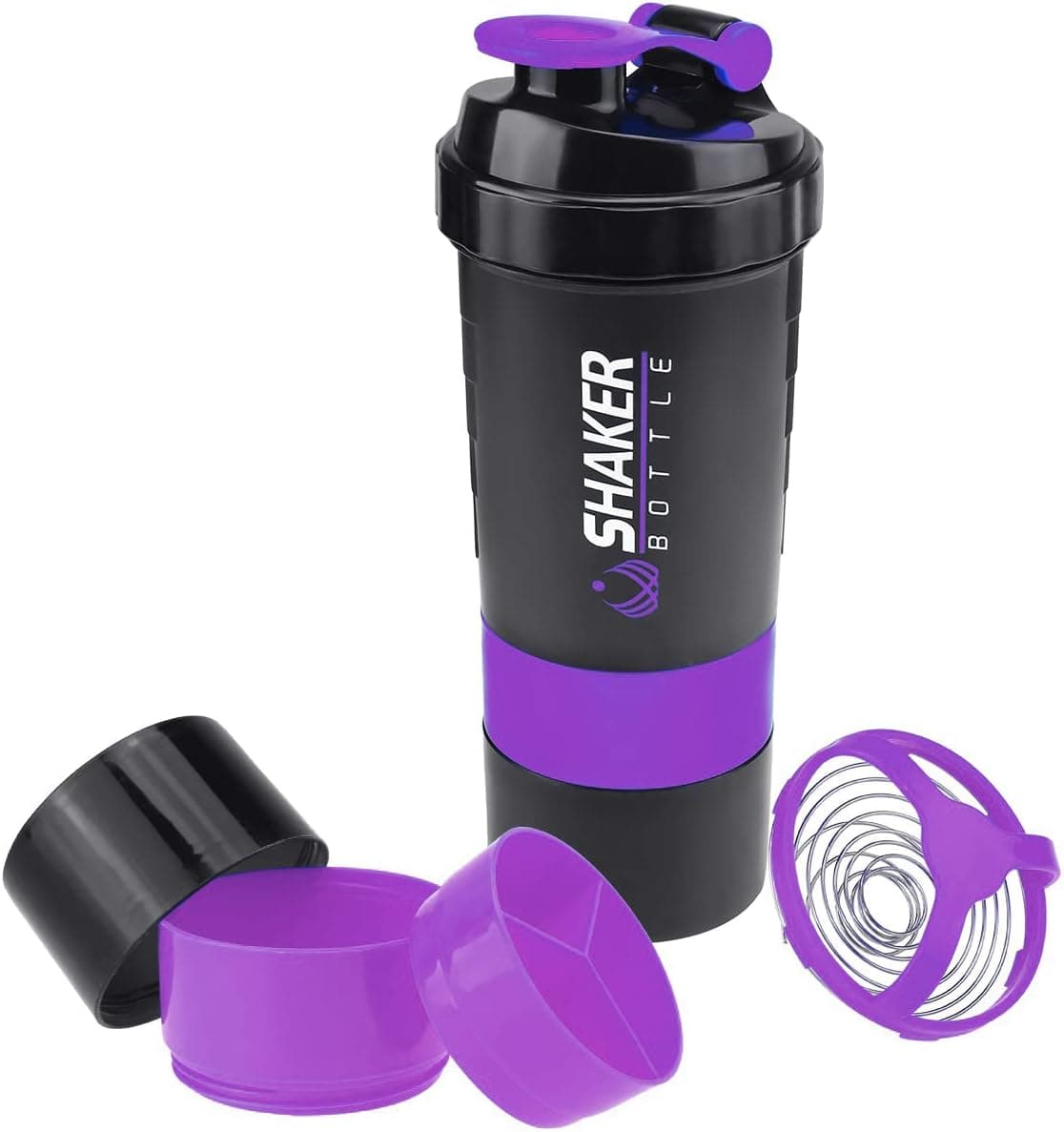 VIGIND Protein Shaker Bottle - Sports Water Bottle - Non Slip 3 Layer Twist Off 3oz Cups with Pill Tray - Leak Proof Shake Bottle Mixer- Protein Powder 16 oz Shake Cup with Storage