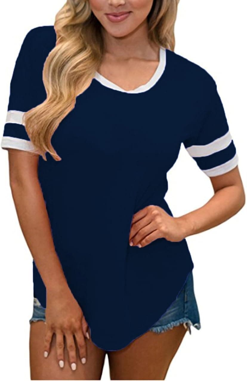 Womens Summer Raglan Short Sleeve Stripe Tee V Neck Blouses Baseball Tshirts Top (L, Navy Blue)