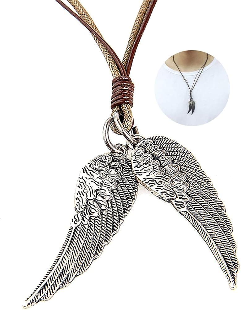YOOE Angel Wing Leather Necklace. Feather Shield Rope Clavicle Chain Men Women Choker Jewelry Birthday Gift