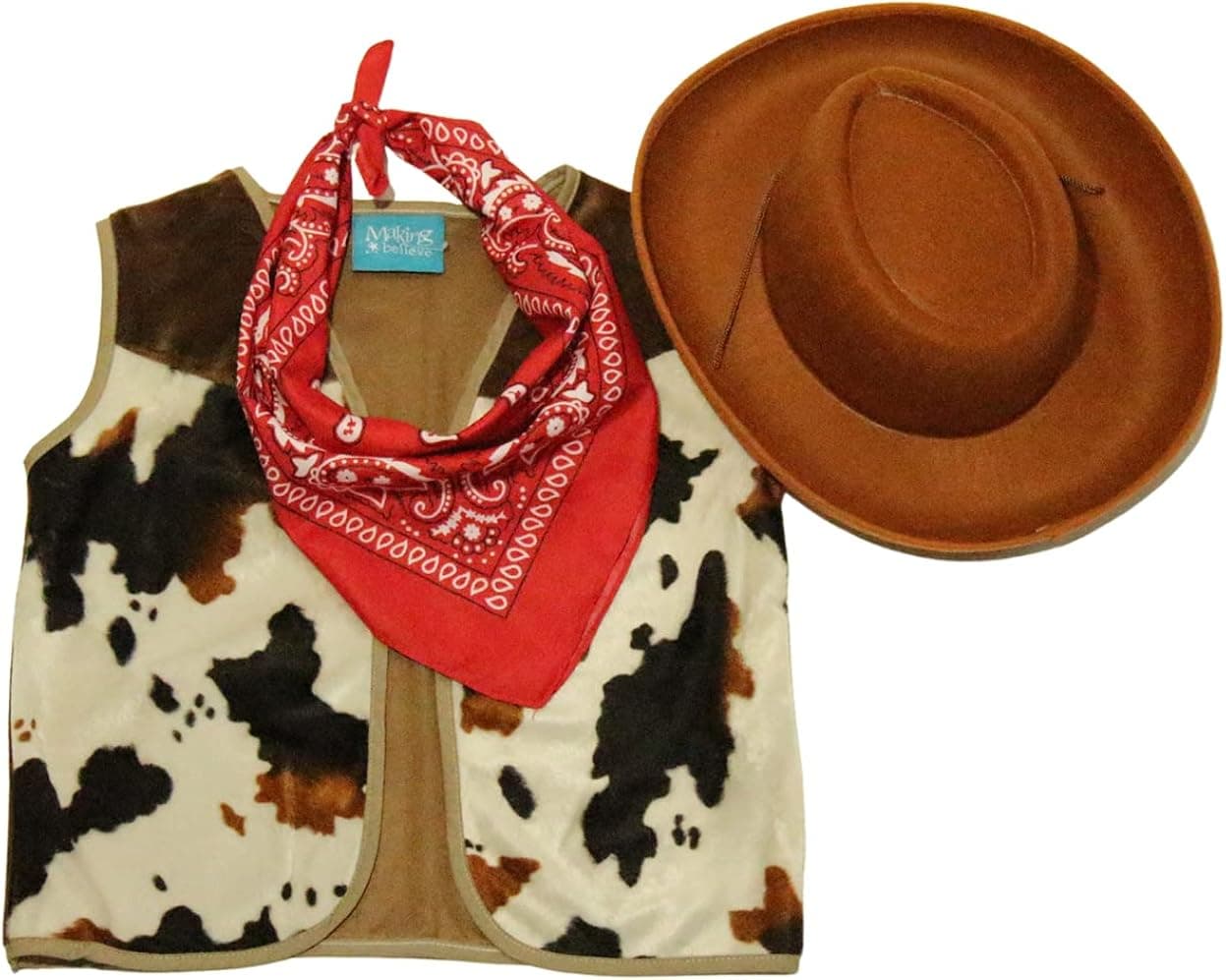 Making Believe Kids Western Rodeo Cowboy or Cowgirl Classic Costume Set - Vest, Brown Hat, Bandanna (Choose Color and Size)
