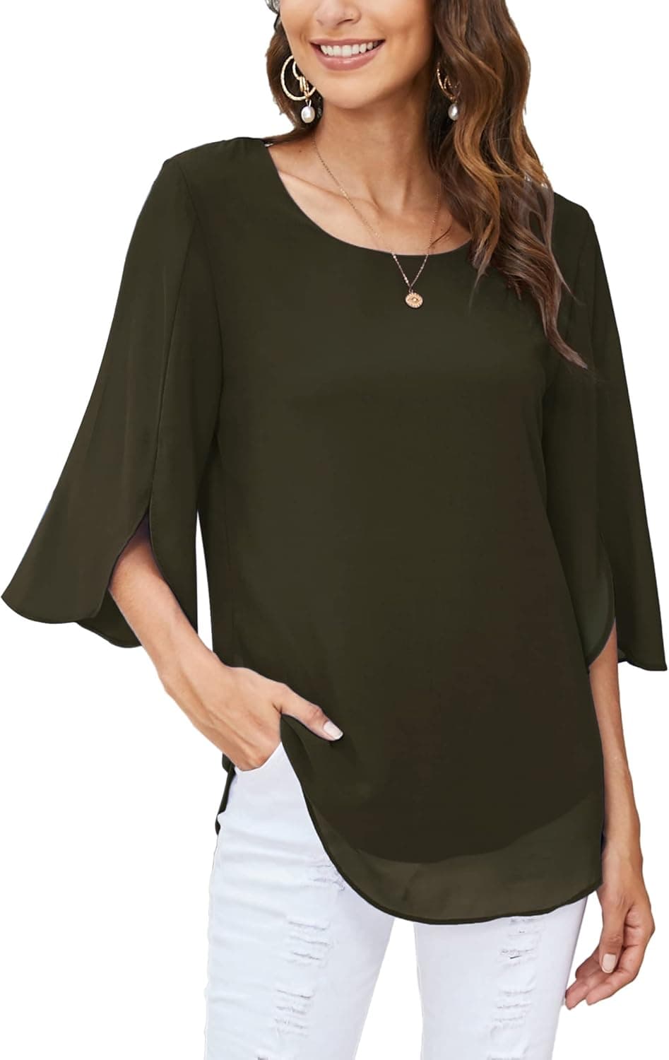 ACEVOG Womens Casual Scoop Neck Loose Top 3/4 Sleeve Chiffon Blouse Shirt Tops