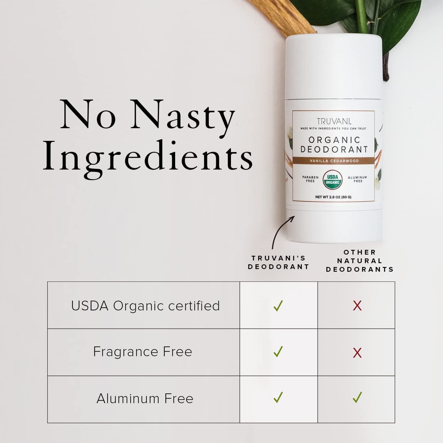 Truvani Organic Aluminum Free Deodorant - USDA Organic Deodorant for Women and Men - Paraben Free, Non GMO - Cedarwood Vanilla, 2.8 oz (1 pack)